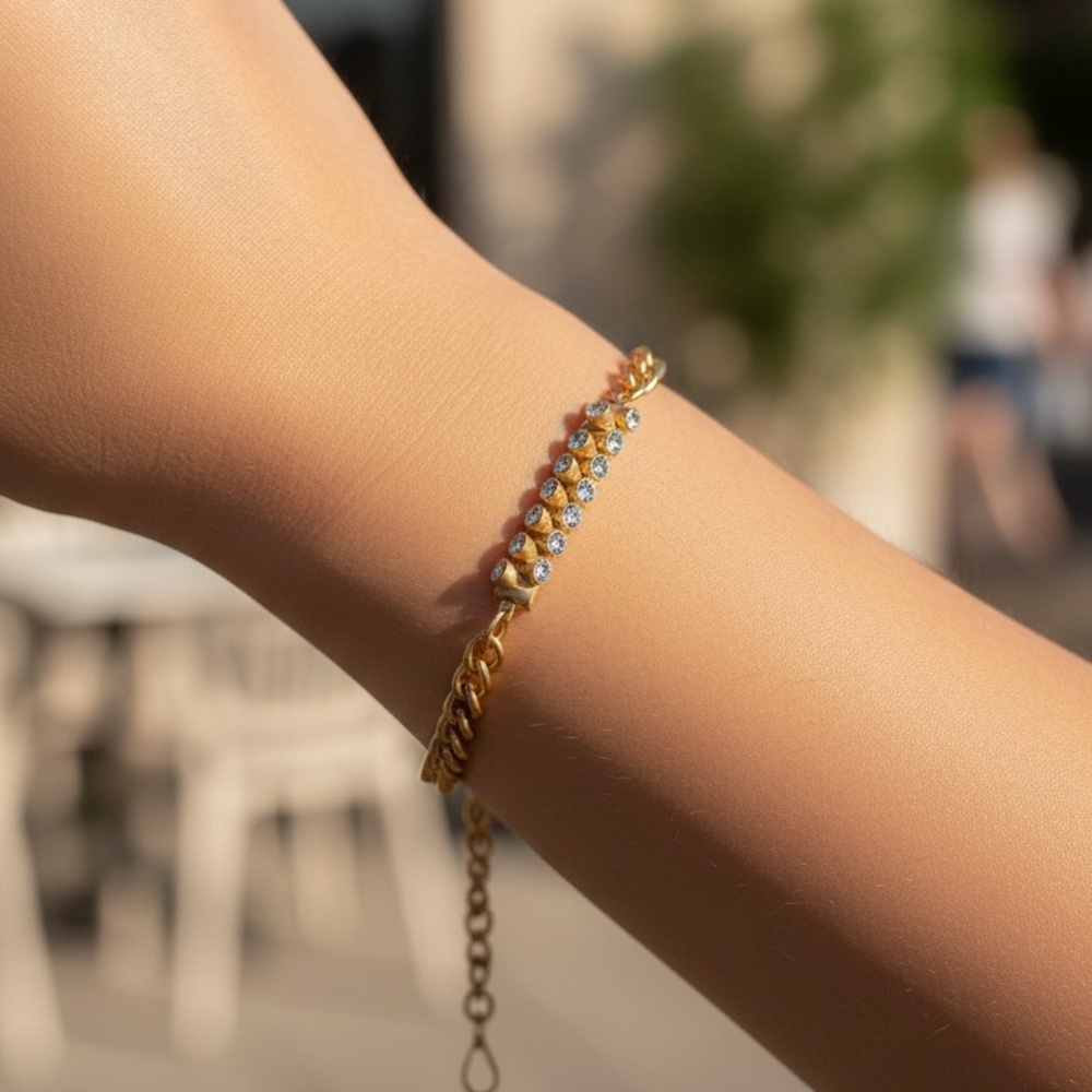 Gold Crystal Two-Toned Adjustable Chain Bracelet In Gift Box, New
